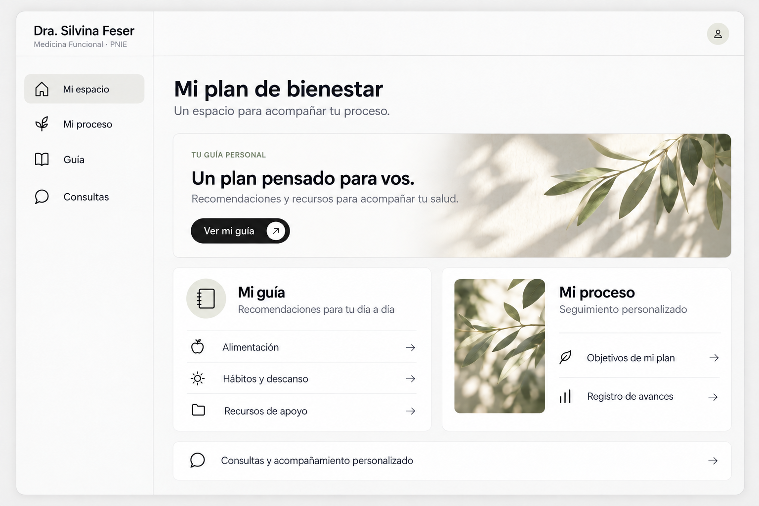 Prototipo de Mi plan de bienestar con guía, recursos y seguimiento personalizado.